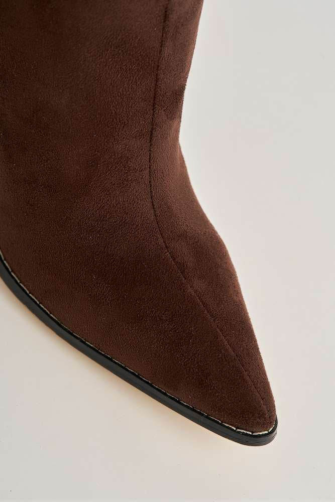 Fallon Pointy Toe Kitten Heel Rouch Over the Knee Boots in Chocolate - Image 5
