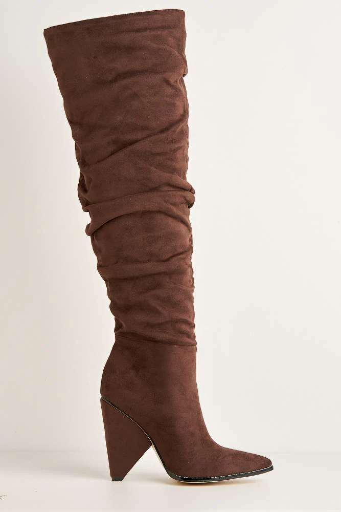 Fallon Pointy Toe Kitten Heel Rouch Over the Knee Boots in Chocolate - Image 6