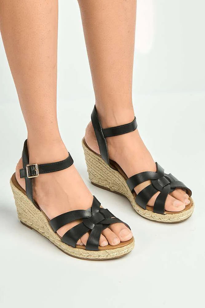 Faye Anklestrap Open Toe Wedge Sandals in Black