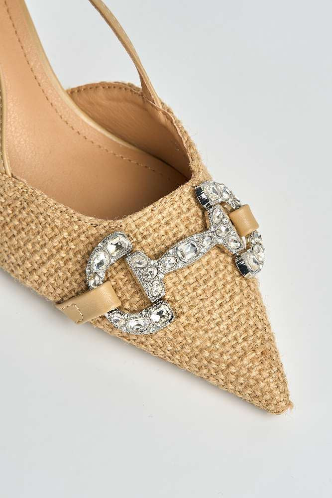 Faye Diamante Broach Tweed Low Heel Court Shoes in Camel - Image 5