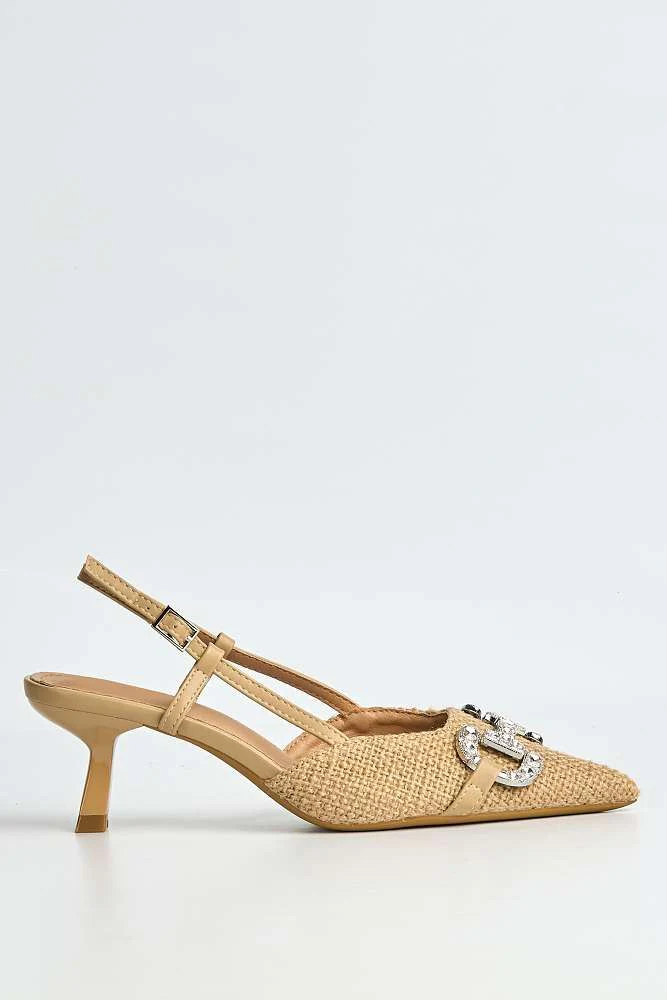 Faye Diamante Broach Tweed Low Heel Court Shoes in Camel - Image 6