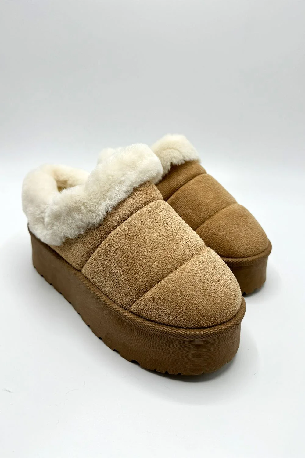 Felpa Faux Fur Quilted Flatform Slippers in Sand - Image 3