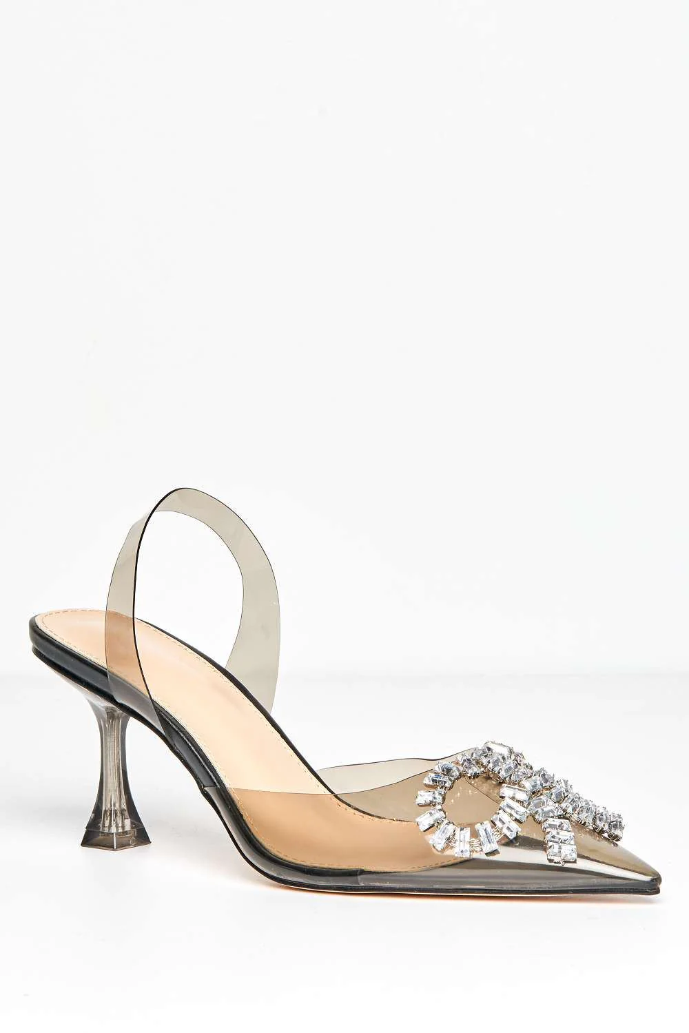 Florya Diamante Front Detail Sling Back Perspex Court Shoes in Black - Image 4