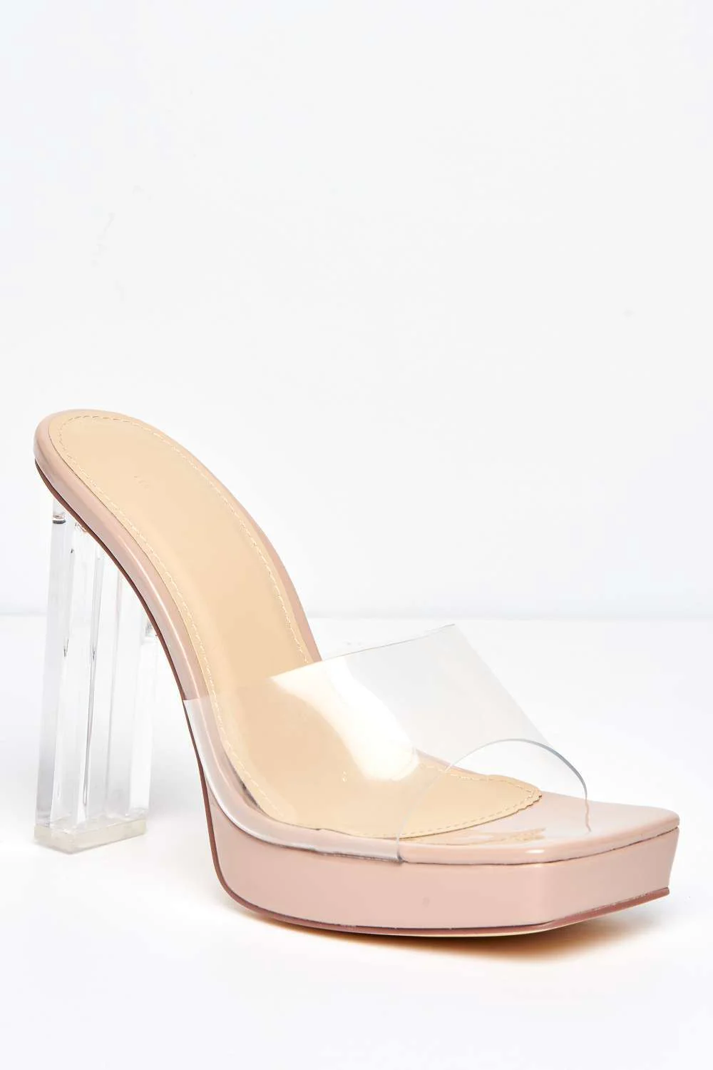 Flovous Perspex Bloch Heel Platform Mules in Nude Patent - Image 4
