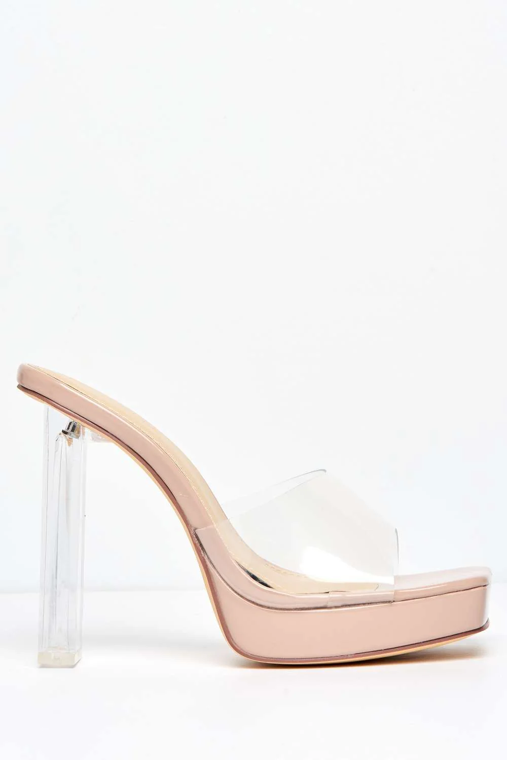 Flovous Perspex Bloch Heel Platform Mules in Nude Patent - Image 5