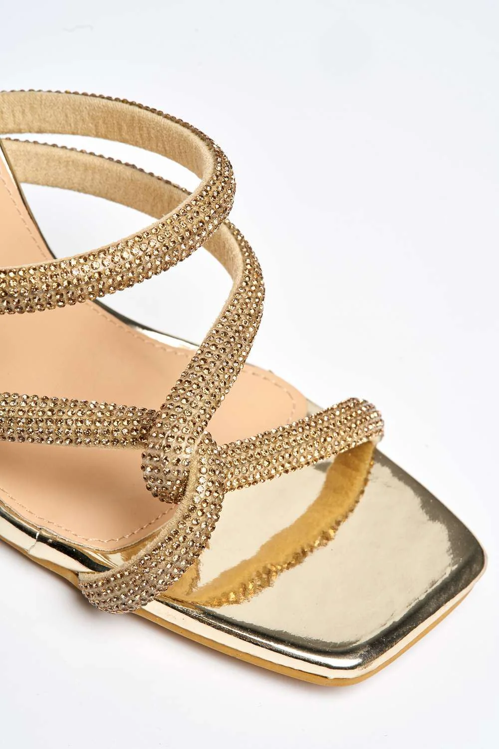 Frida Diamante Embellished Perspex Block Heel Mules in Gold - Image 6
