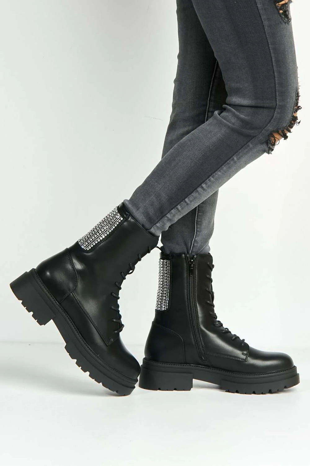 Gabbie Diamante Studded Detail Lace Up Ankle Boots in Black Matt - Image 2