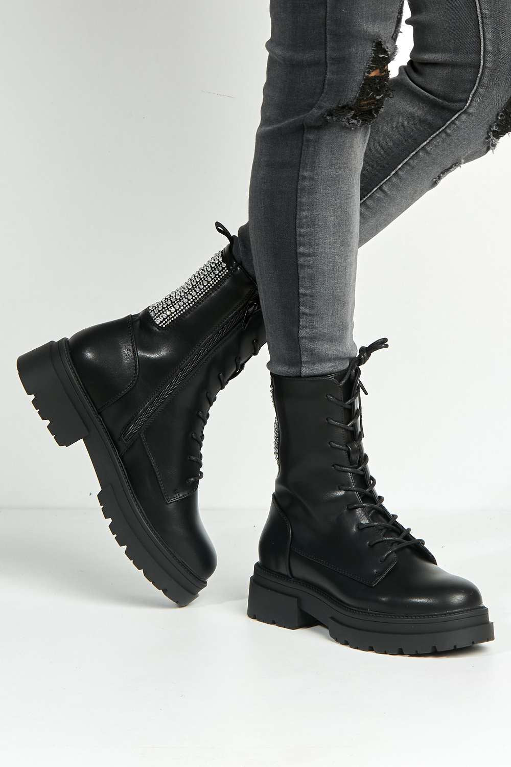 Gabbie Diamante Studded Detail Lace Up Ankle Boots in Black Matt - Image 3