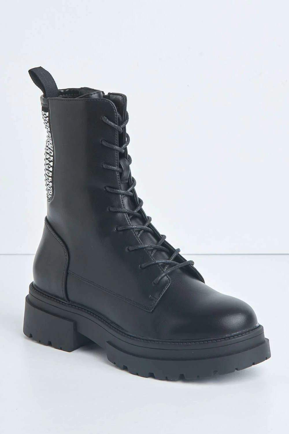 Gabbie Diamante Studded Detail Lace Up Ankle Boots in Black Matt - Image 4