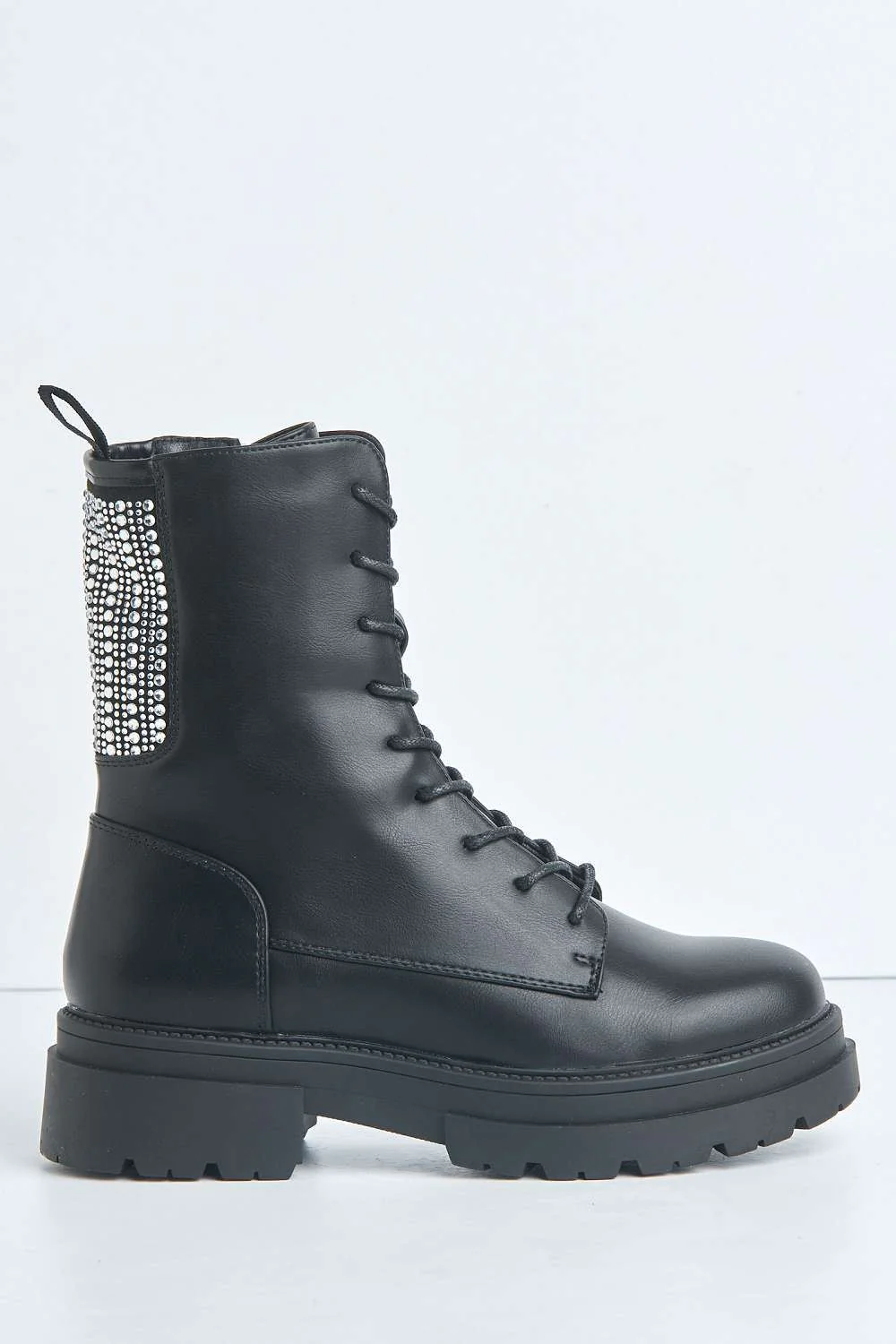 Gabbie Diamante Studded Detail Lace Up Ankle Boots in Black Matt - Image 5