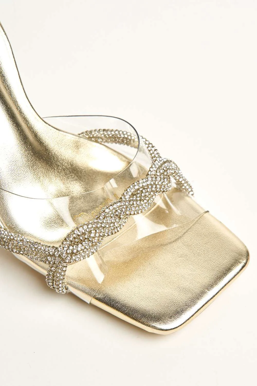 Galee Diamante Plaited Detail Perspex Heeled Mules in Gold - Image 6