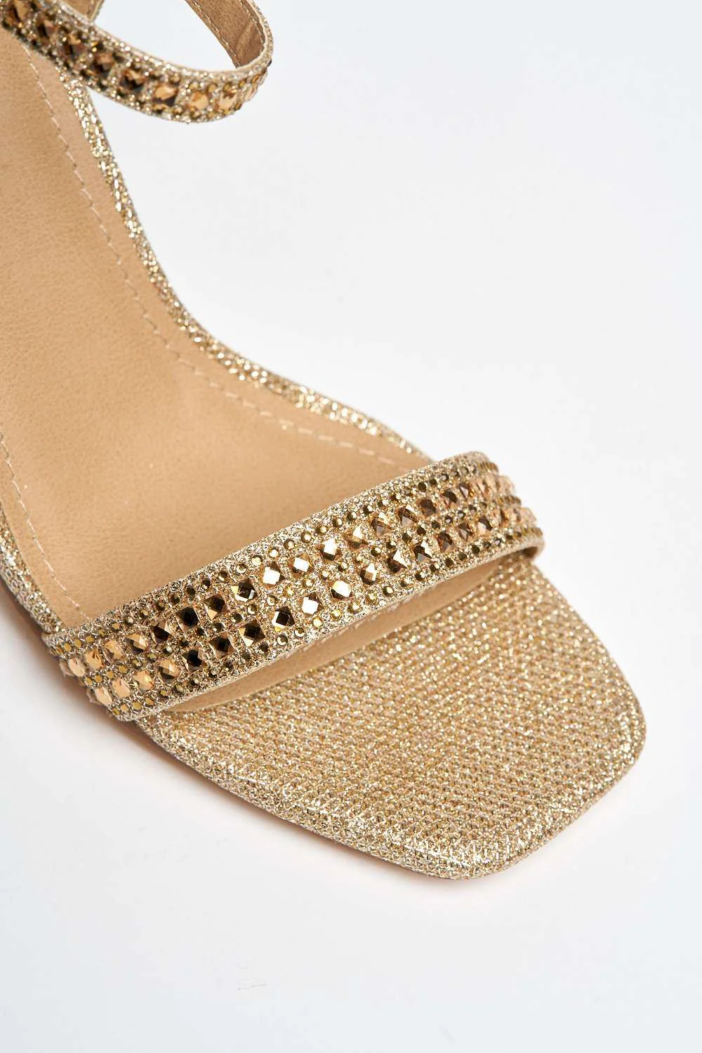 Garla Diamante Embellished Ankle Strap Heeled Sandals in Gold - Image 6