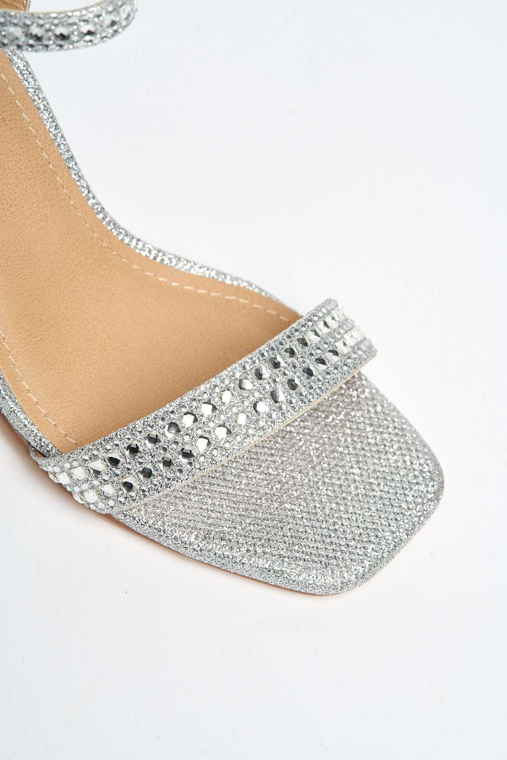 Garla Diamante Embellished Ankle Strap Heeled Sandals in Silver - Image 6