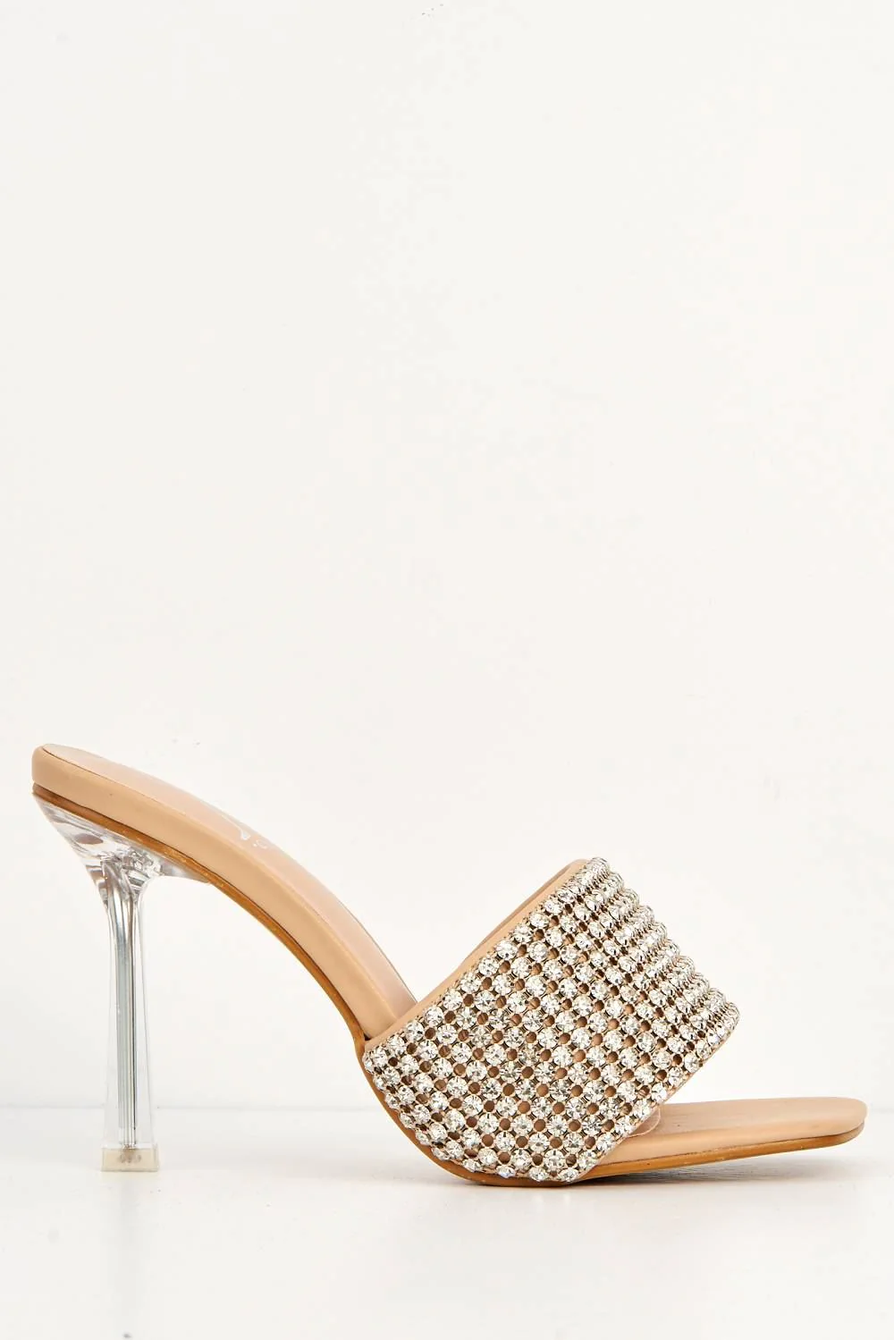 Gemme Thick Perspex Heel Diamante Embellished Band Mules in Beige - Image 4
