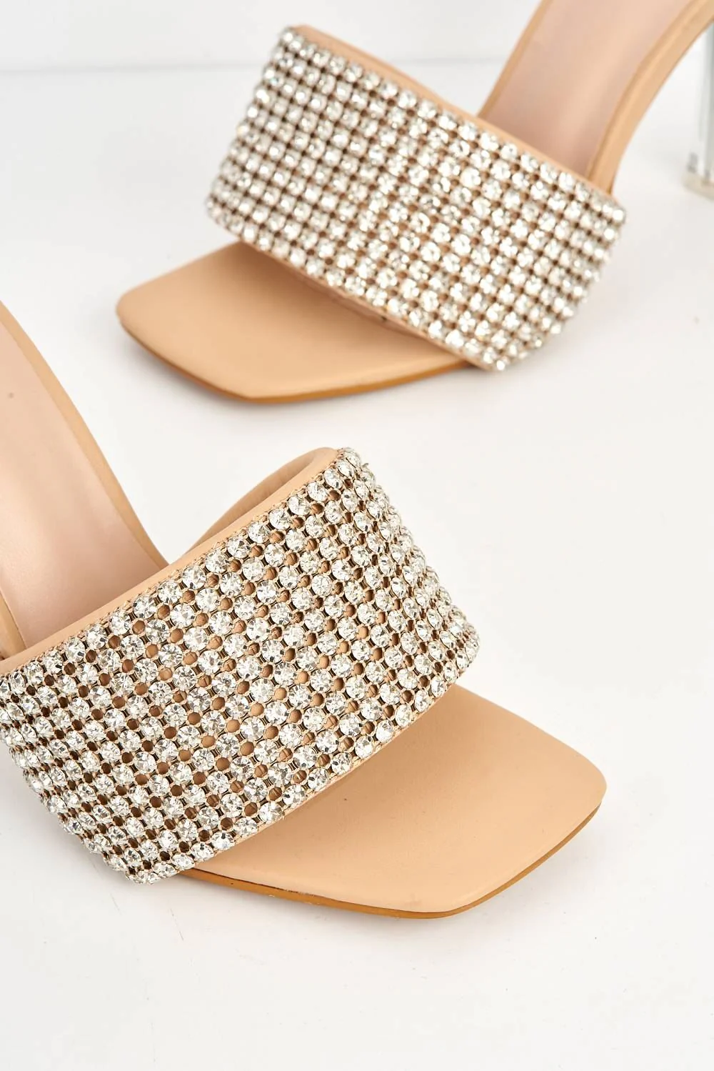 Gemme Thick Perspex Heel Diamante Embellished Band Mules in Beige - Image 5
