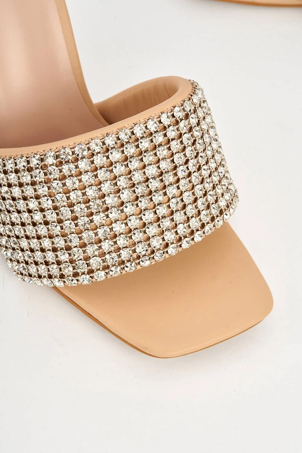Gemme Thick Perspex Heel Diamante Embellished Band Mules in Beige - Image 6