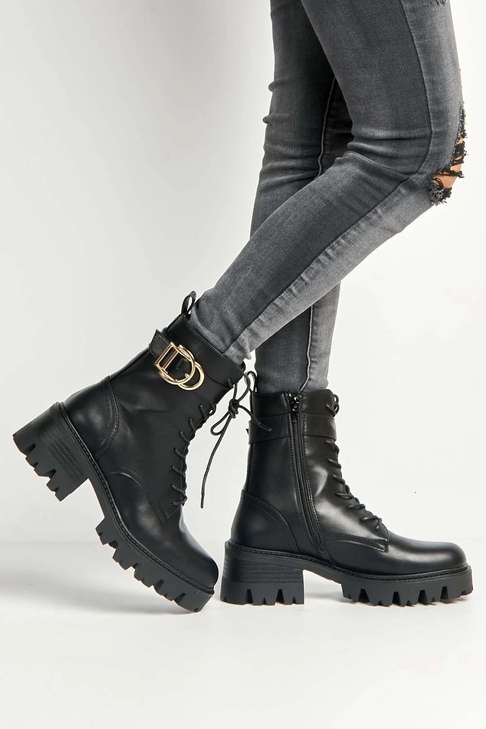 Gerda Ankle Buckle Detail Chunky Boots in Black Matt