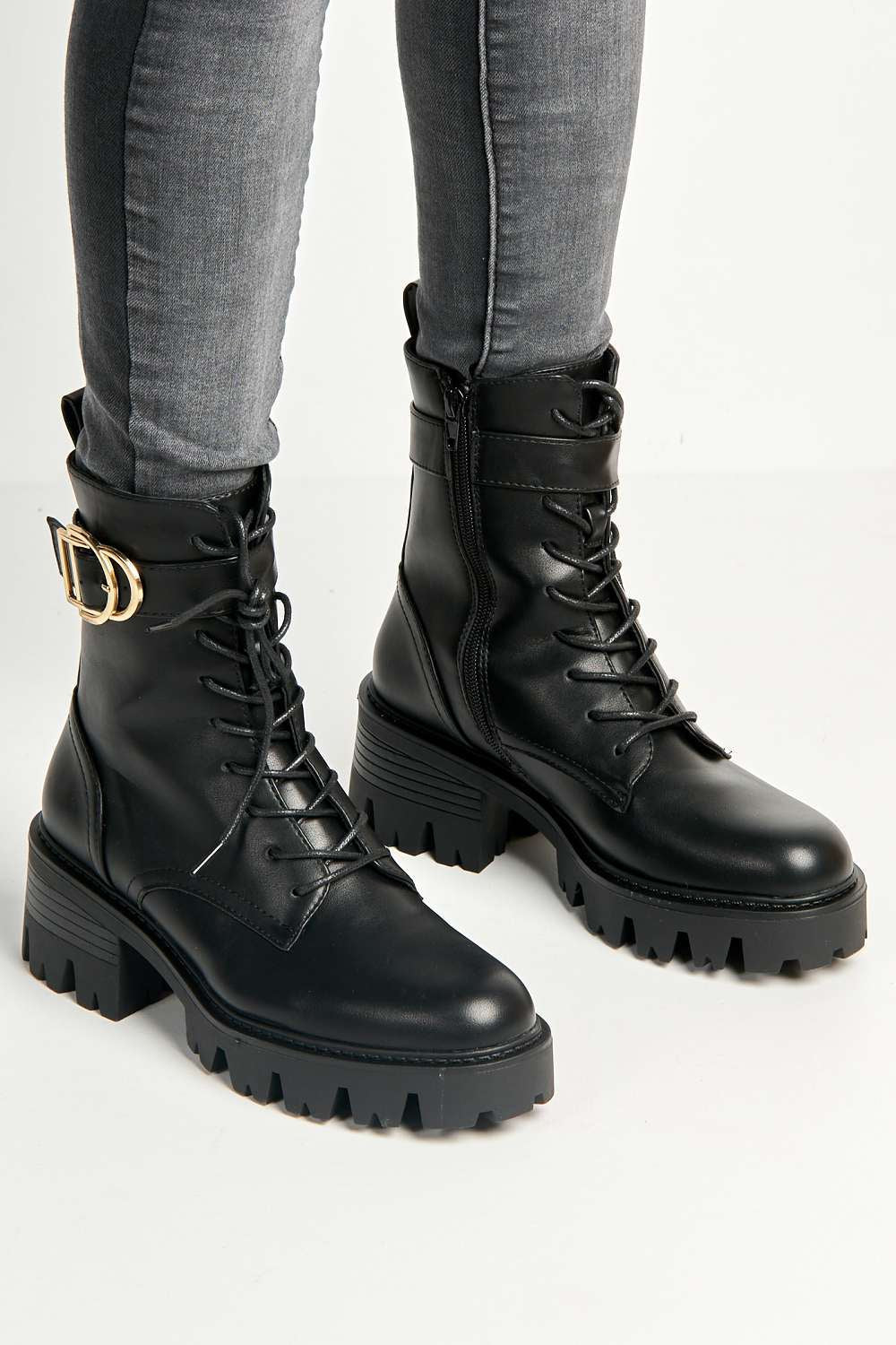 Gerda Ankle Buckle Detail Chunky Boots in Black Matt - Image 2