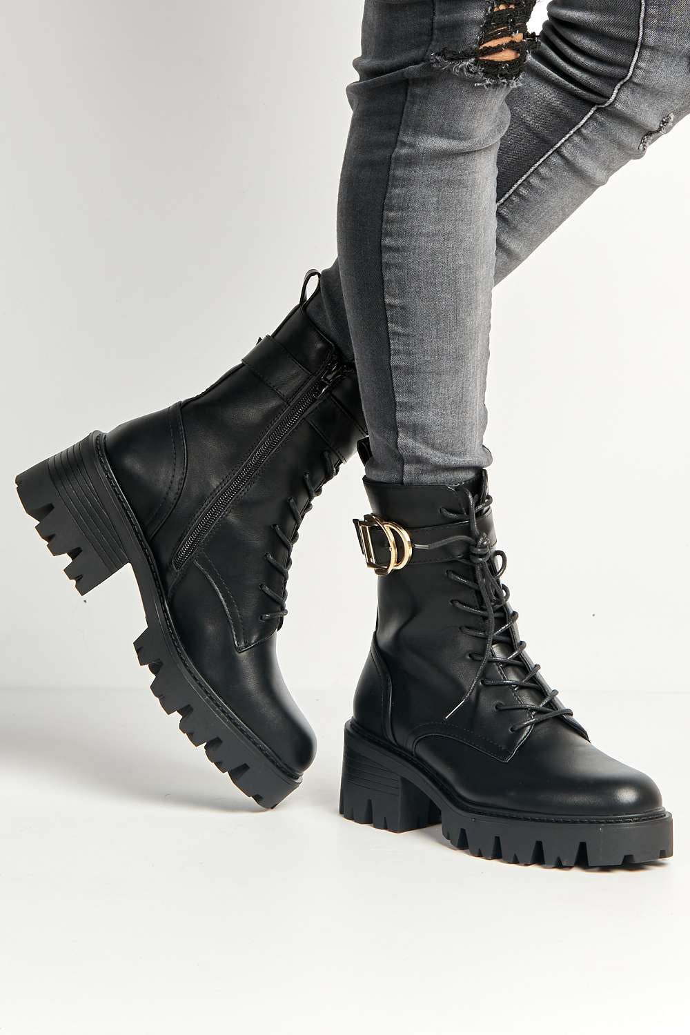 Gerda Ankle Buckle Detail Chunky Boots in Black Matt - Image 3