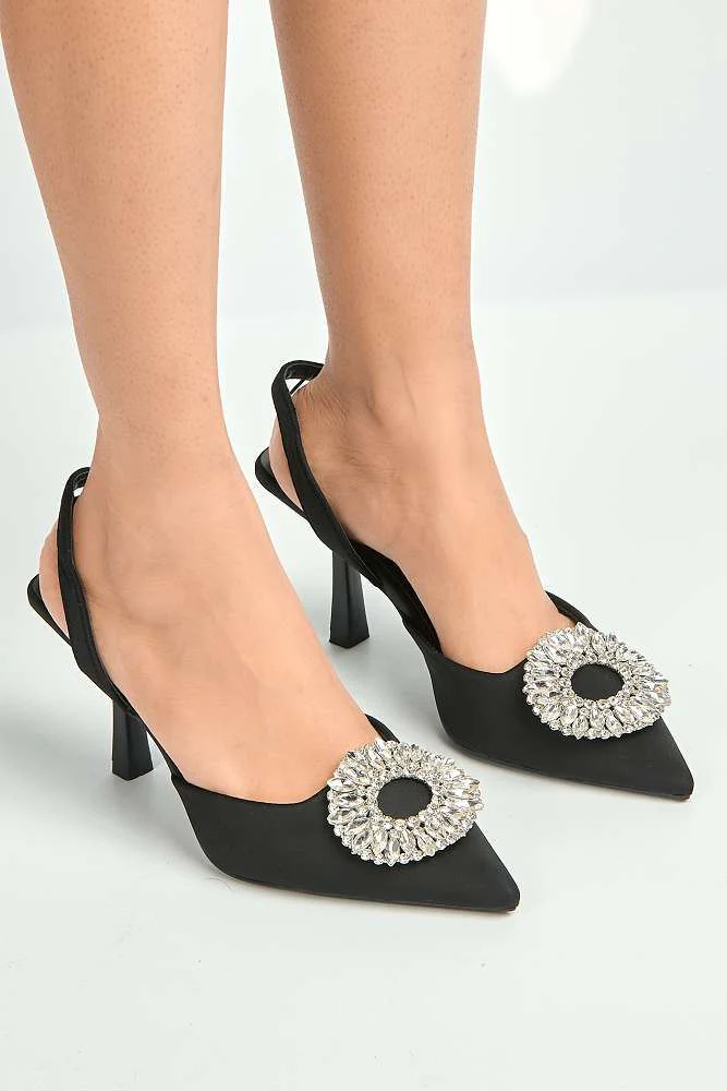 Gia Diamante Broach Slingback Court Shoes in Black