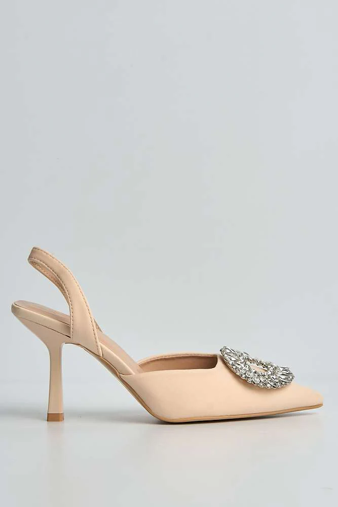 Gia Diamante Broach Slingback Court Shoes in Nude - Image 6