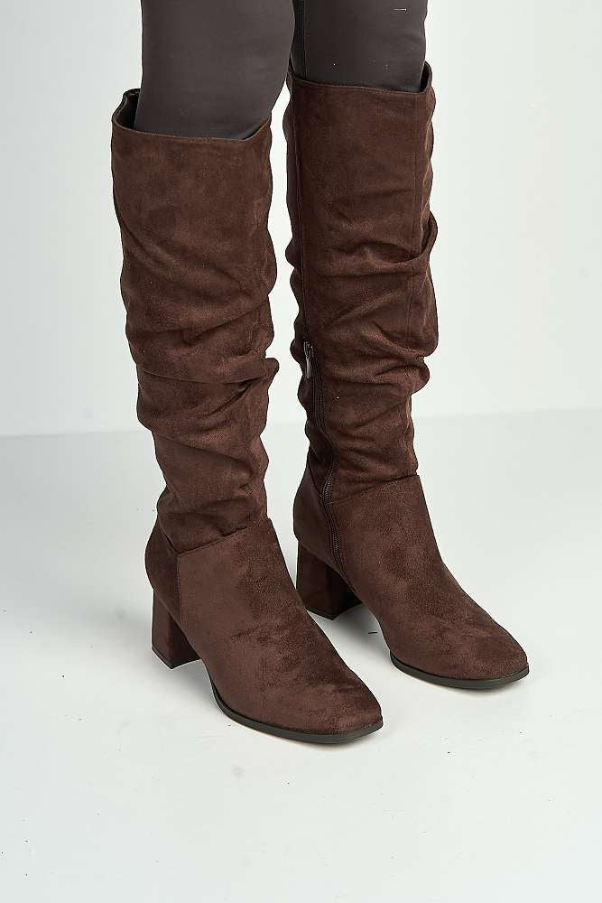 Giana Rouched Block Heel Knee High Boots in Chocolate