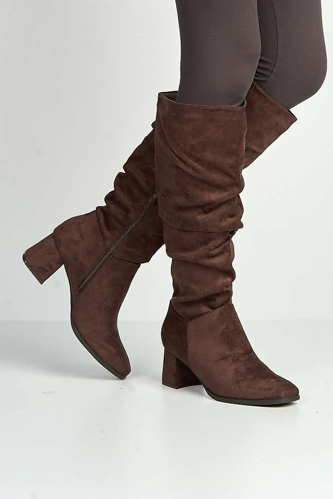 Giana Rouched Block Heel Knee High Boots in Chocolate - Image 2