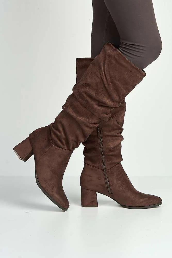 Giana Rouched Block Heel Knee High Boots in Chocolate - Image 3