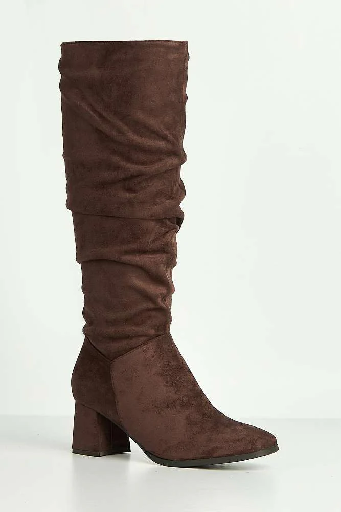 Giana Rouched Block Heel Knee High Boots in Chocolate - Image 4