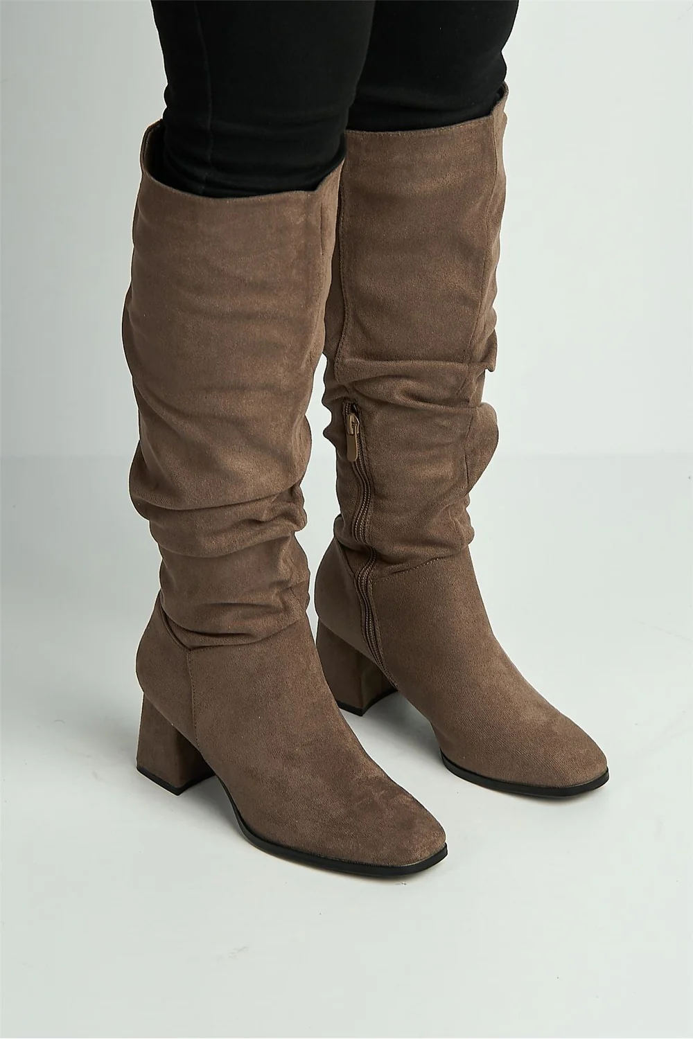 Giana Rouched Block Heel Knee High Boots in Taupe - Image 3