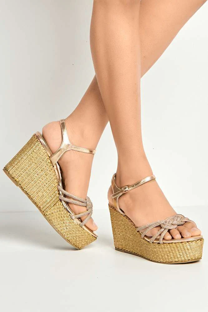 Gigi Diamante Embellished Band Ankle Strap Wedges in Rose Gold - Image 2