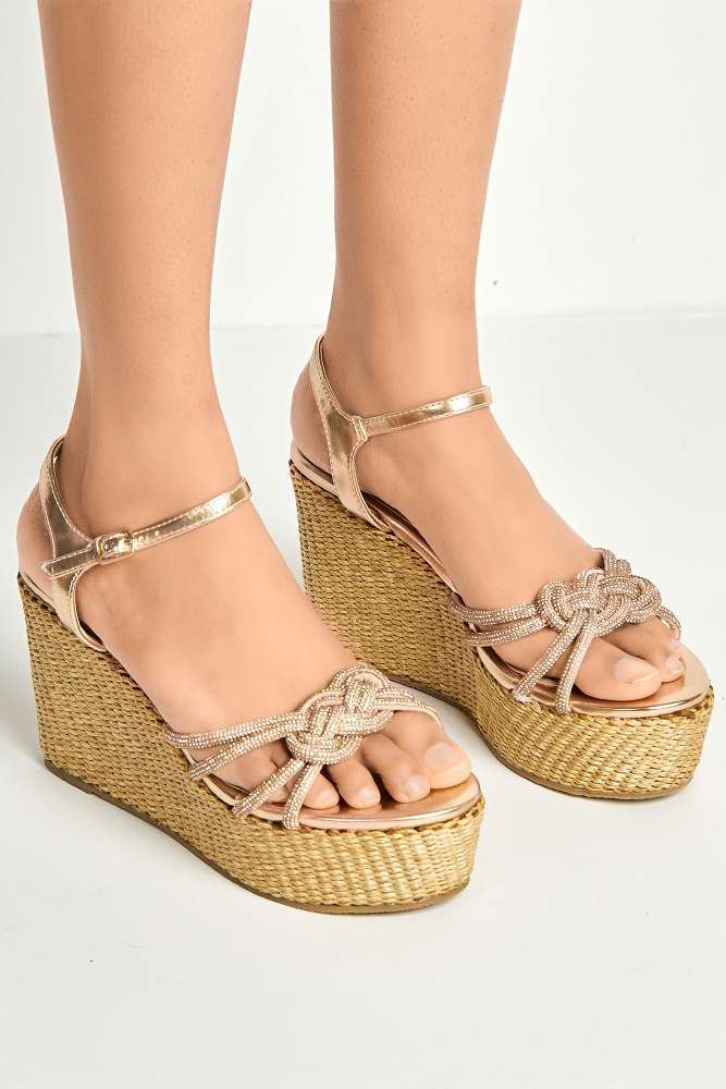 Gigi Diamante Embellished Band Ankle Strap Wedges in Rose Gold - Image 3