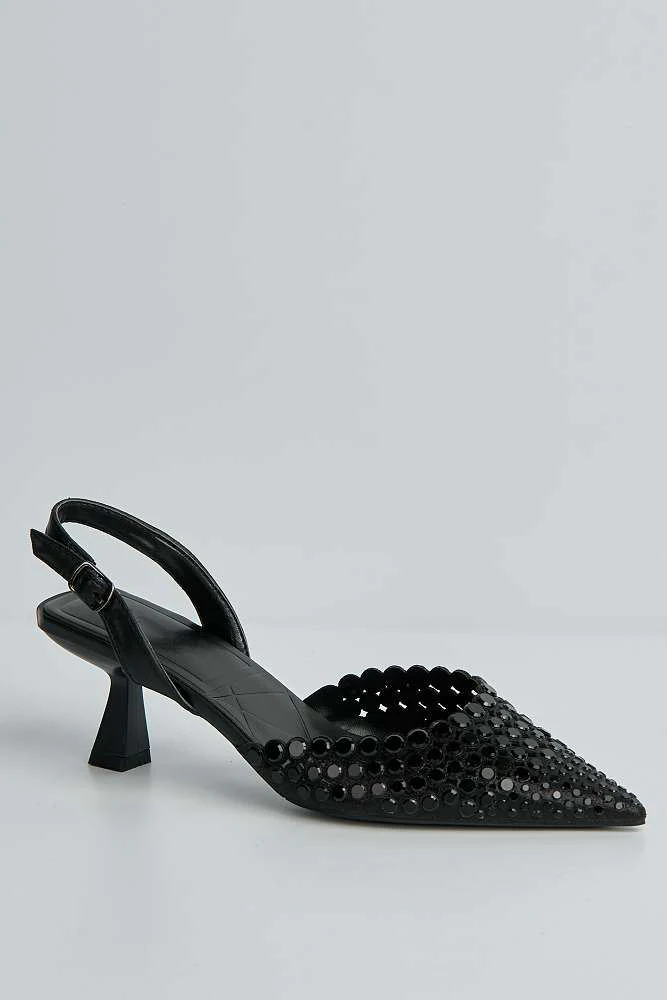 Giovanna Mirror Encrusted Slingback Court Shoes in Black - Image 4