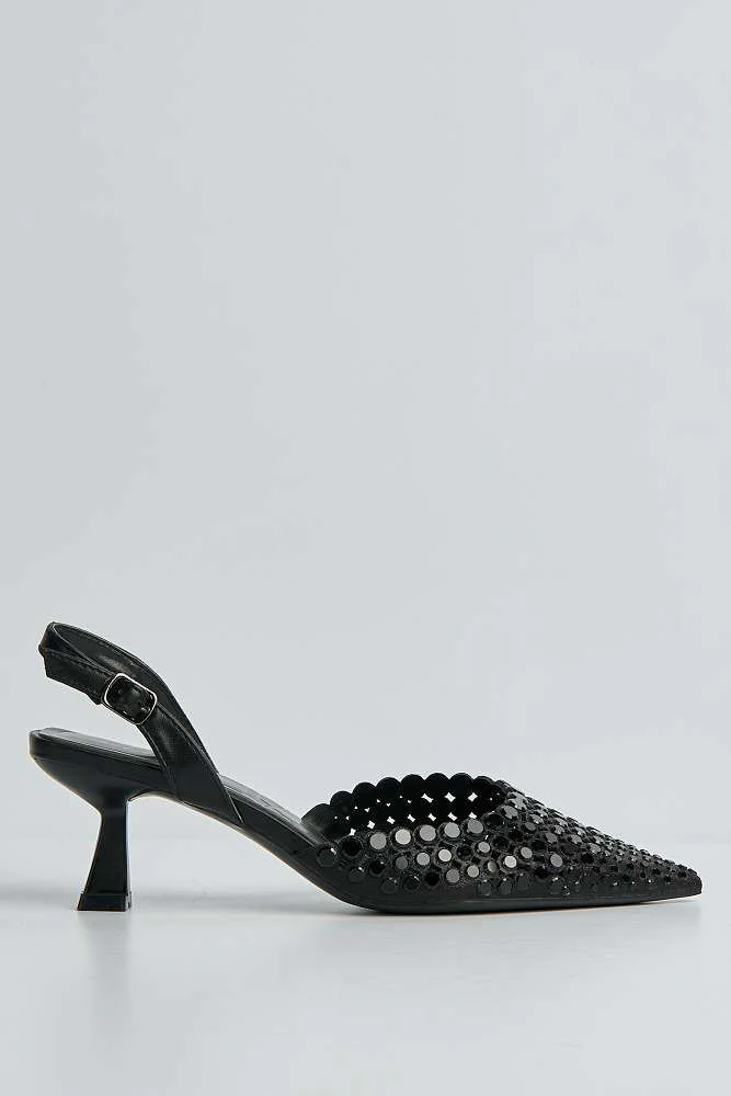 Giovanna Mirror Encrusted Slingback Court Shoes in Black - Image 6