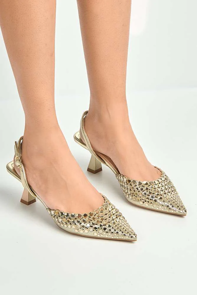Giovanna Mirror Encrusted Slingback Court Shoes in Gold - Image 2