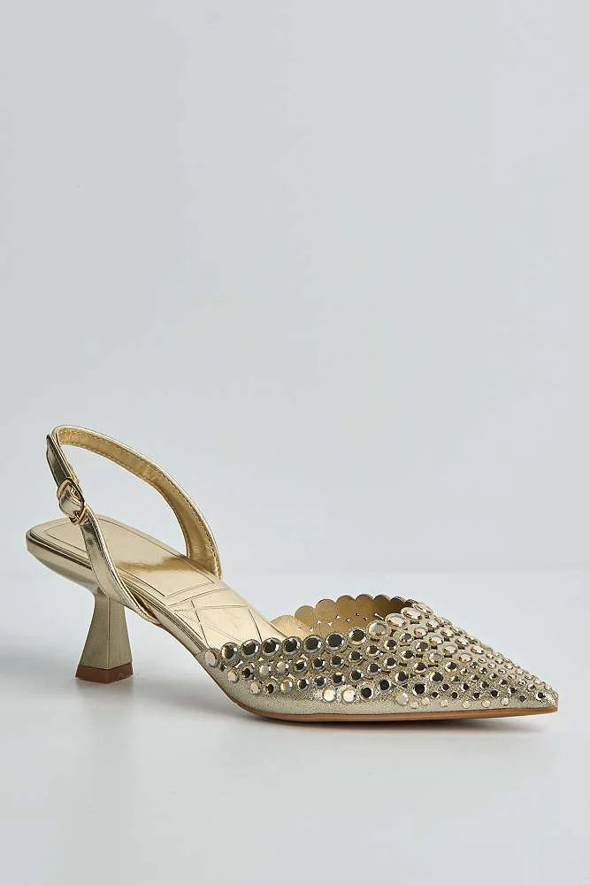 Giovanna Mirror Encrusted Slingback Court Shoes in Gold - Image 4