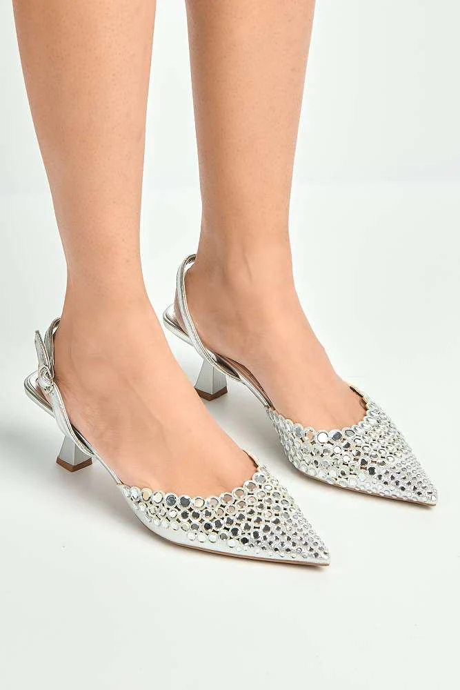 Giovanna Mirror Encrusted Slingback Court Shoes in Silver - Image 2