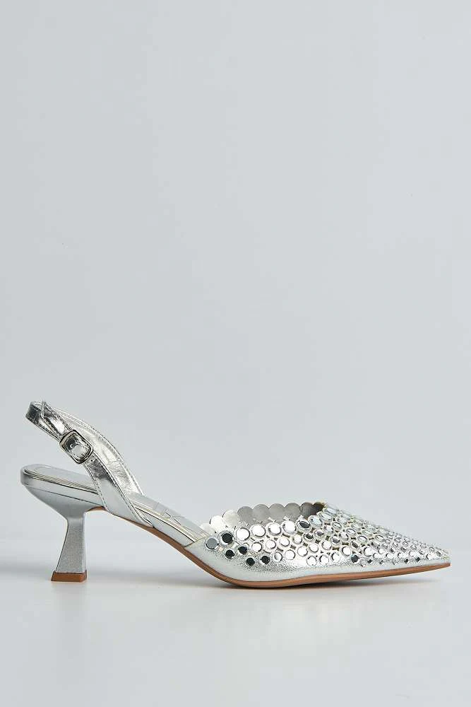 Giovanna Mirror Encrusted Slingback Court Shoes in Silver - Image 6