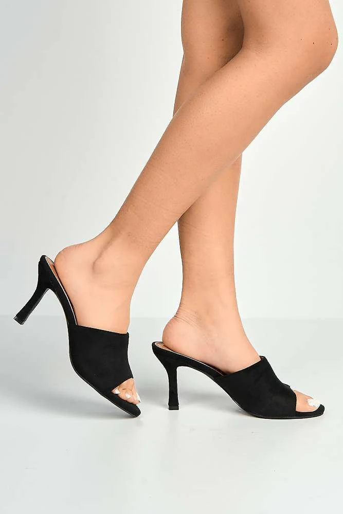 Giselle Peeptoe Plain Band Heeled Mules in Black Suede - Image 3