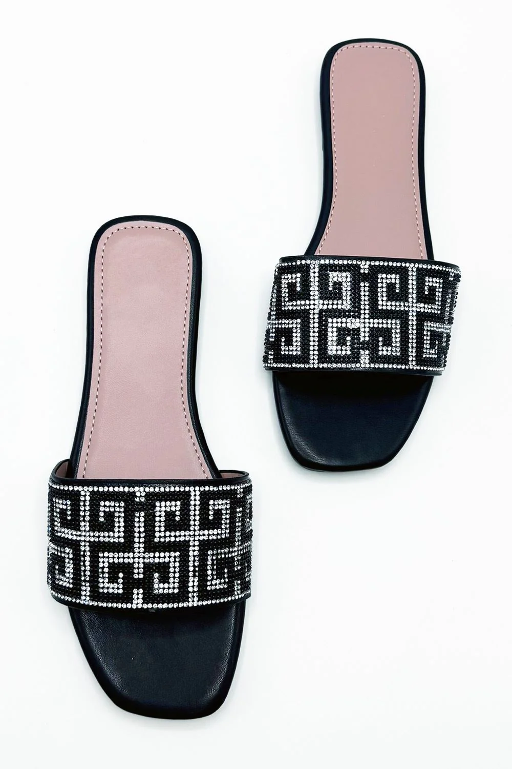 Gloria Diamante Patterned Band Flat Sliders in Black - Image 2