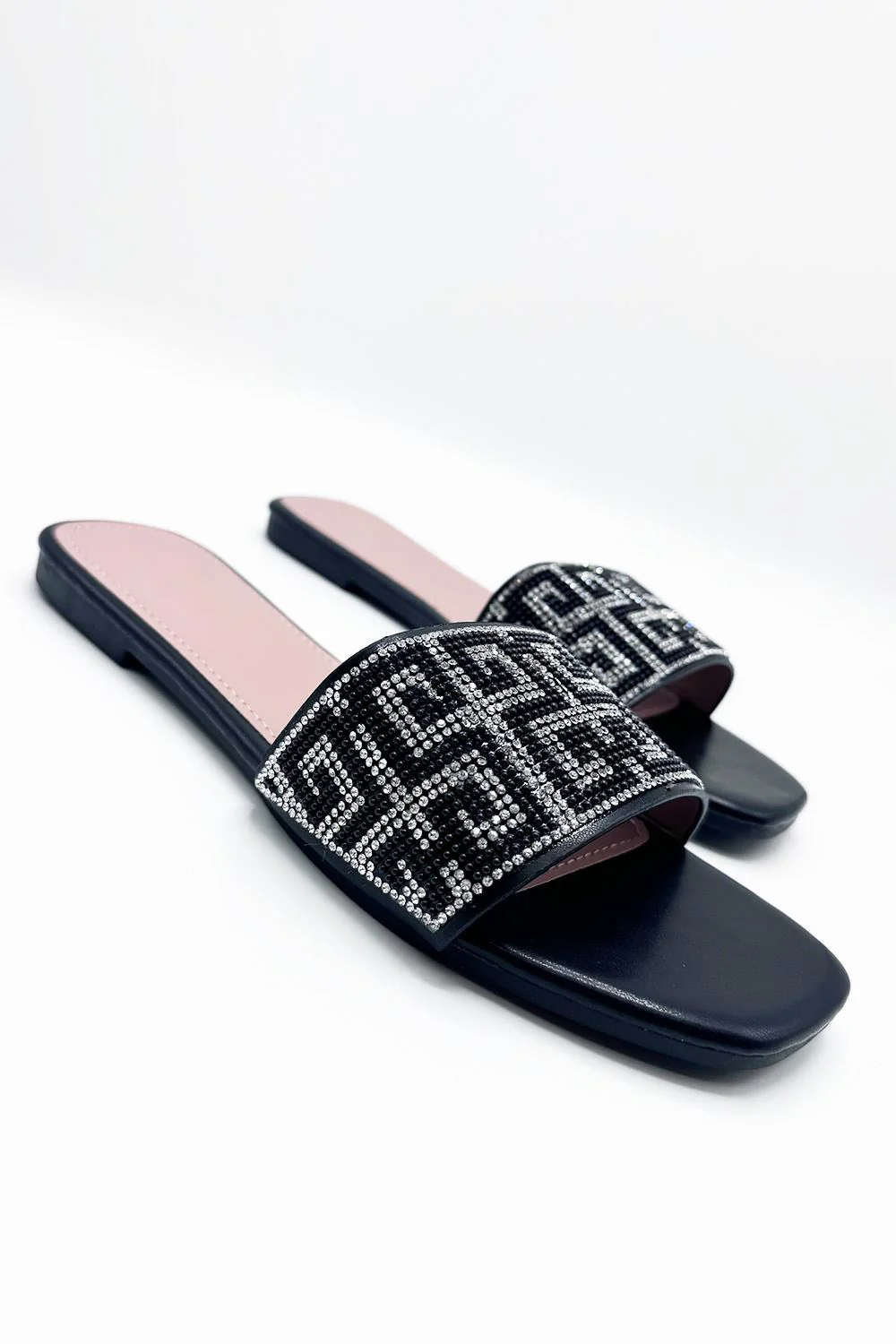 Gloria Diamante Patterned Band Flat Sliders in Black - Image 3