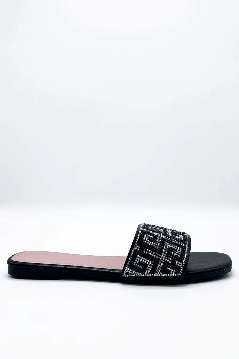 Gloria Diamante Patterned Band Flat Sliders in Black - Image 4