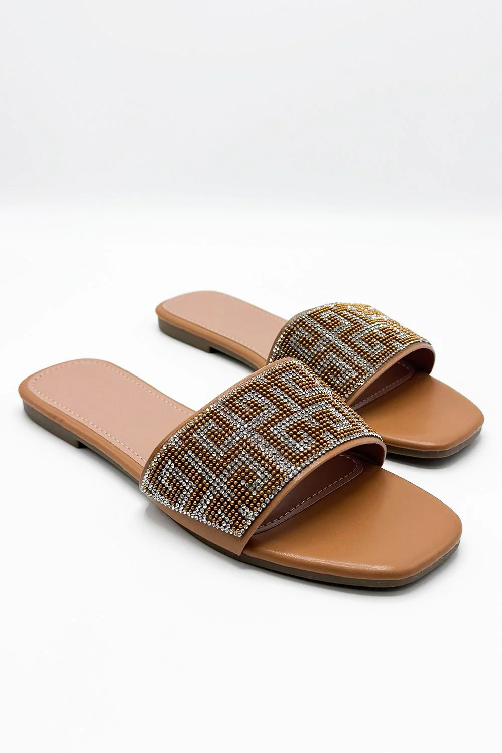 Gloria Diamante Patterned Band Flat Sliders in Camel