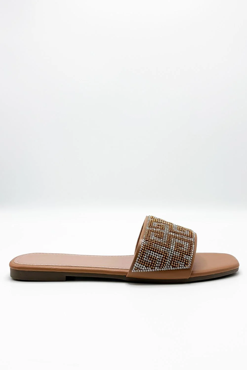 Gloria Diamante Patterned Band Flat Sliders in Camel - Image 3
