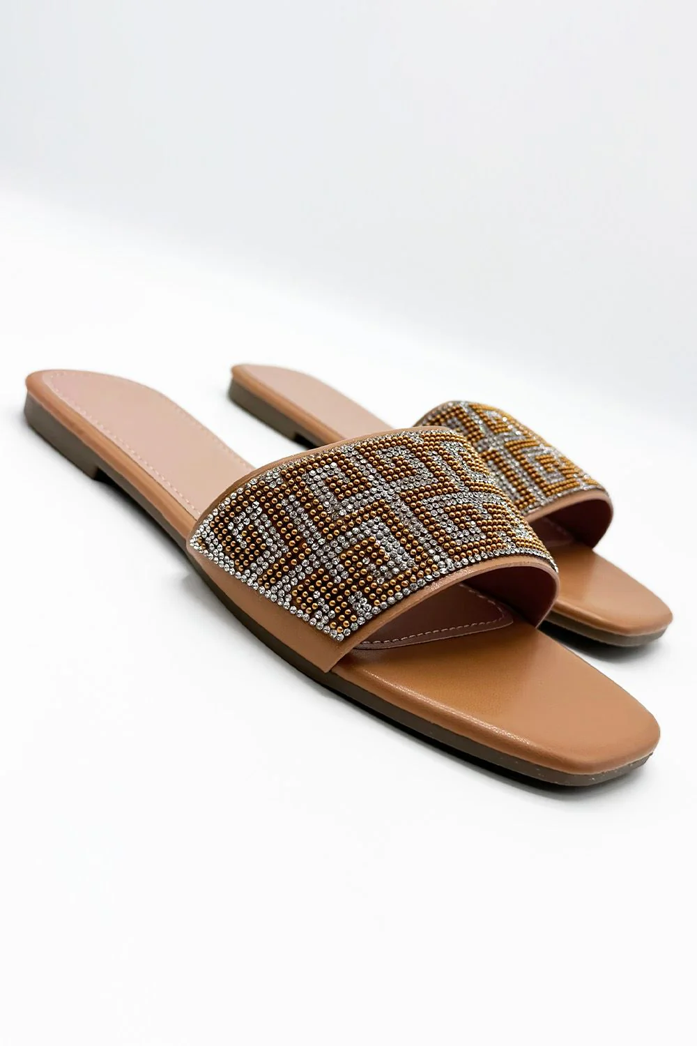 Gloria Diamante Patterned Band Flat Sliders in Camel - Image 4