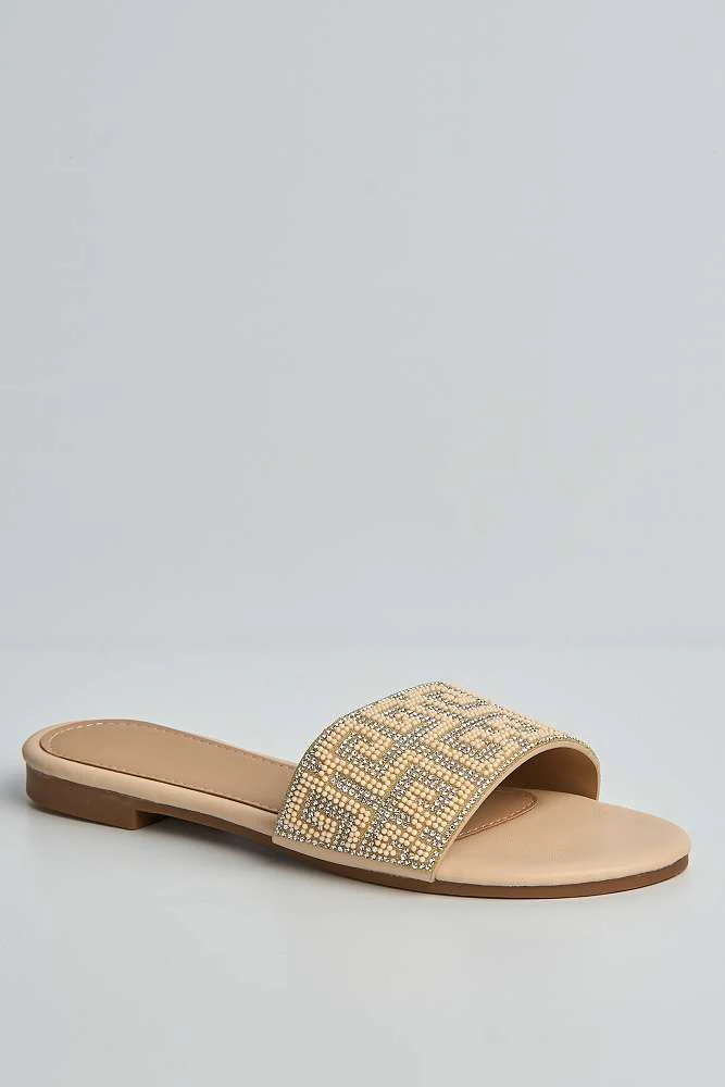 Gloria Diamante Patterned Band Flat Sliders in Nude - Image 4