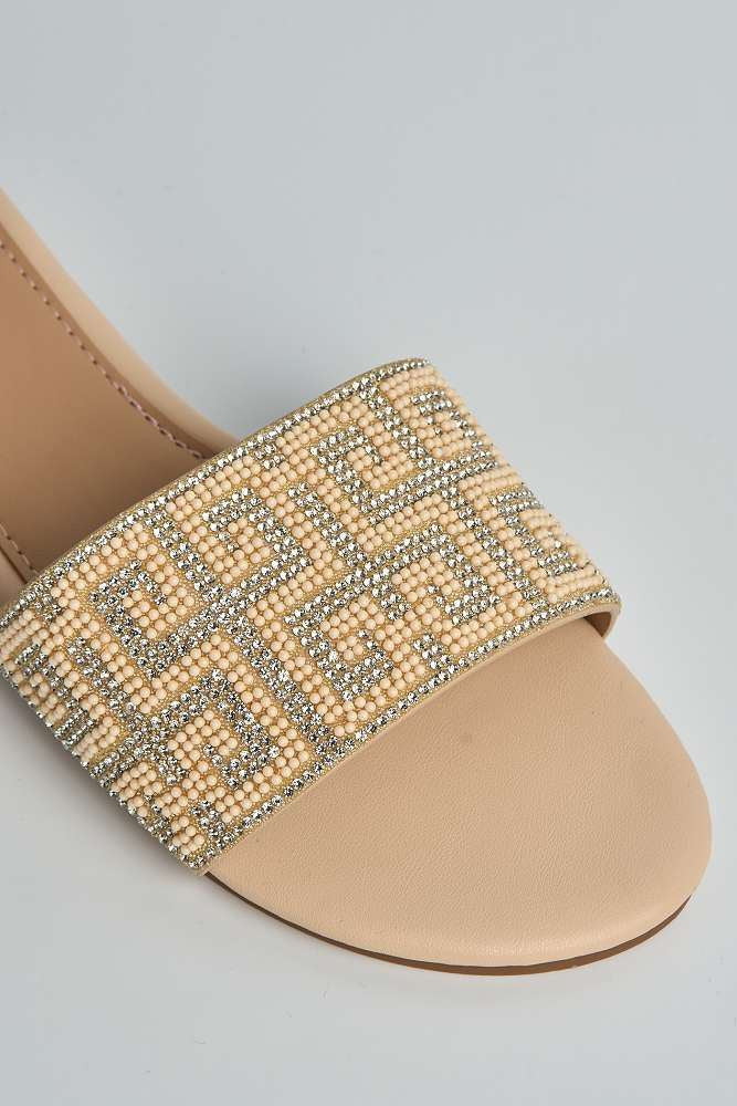 Gloria Diamante Patterned Band Flat Sliders in Nude - Image 5