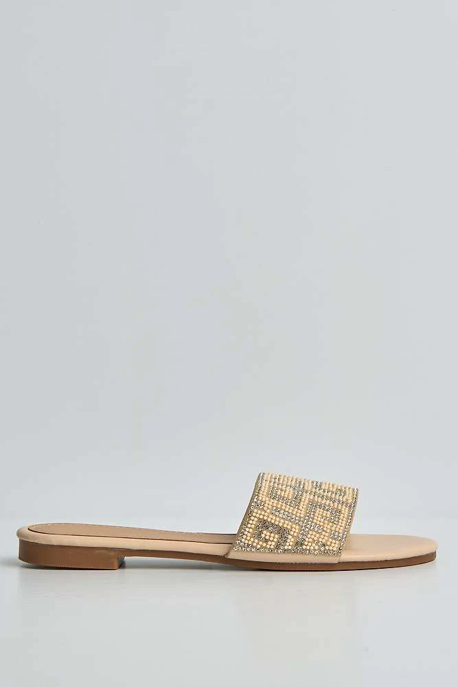 Gloria Diamante Patterned Band Flat Sliders in Nude - Image 6