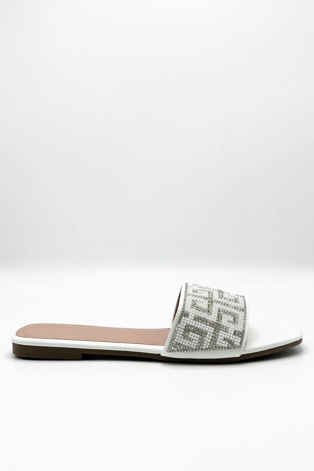 Gloria Diamante Patterned Band Flat Sliders in White - Image 3