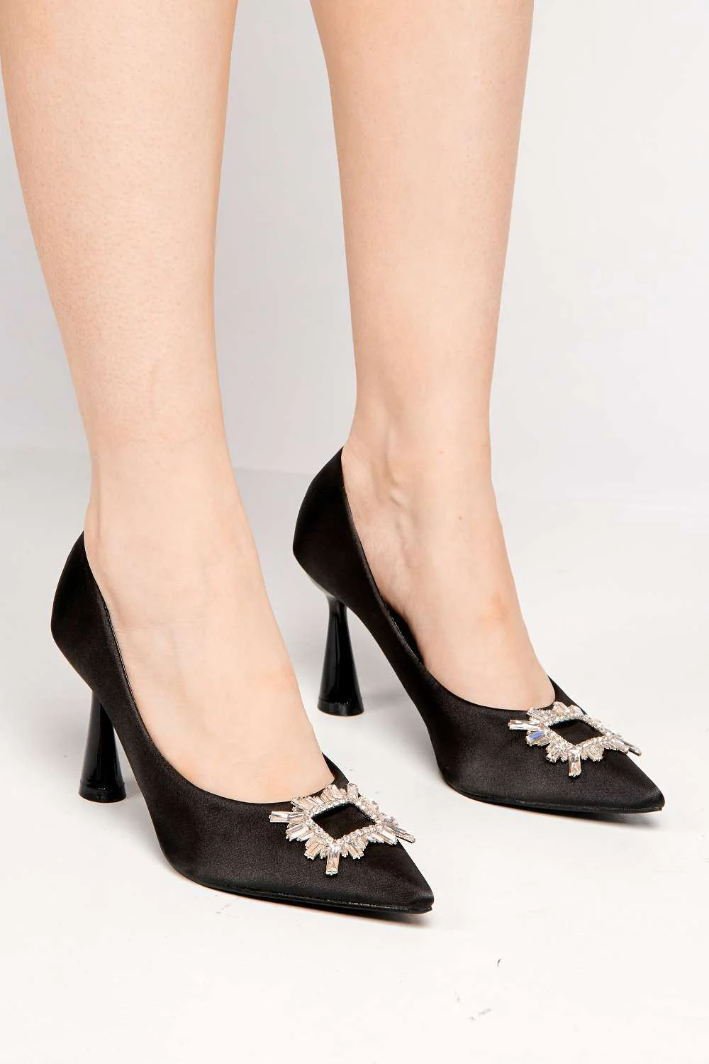 Glorya Diamante Broch Detail Court Shoes in Black Satin - Image 2